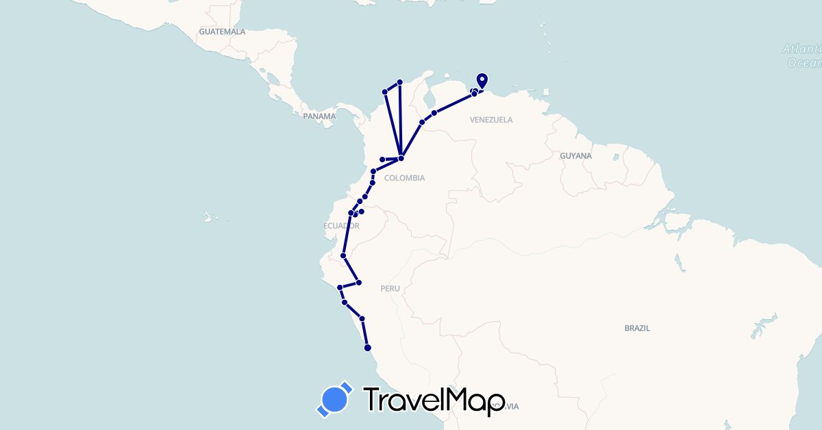 TravelMap itinerary: driving in Colombia, Ecuador, Peru, Venezuela (South America)